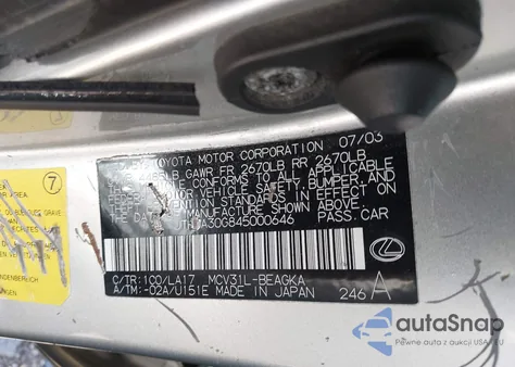 2004 Lexus Es 330 from USA, damaged, VIN JTHBA30G845000646